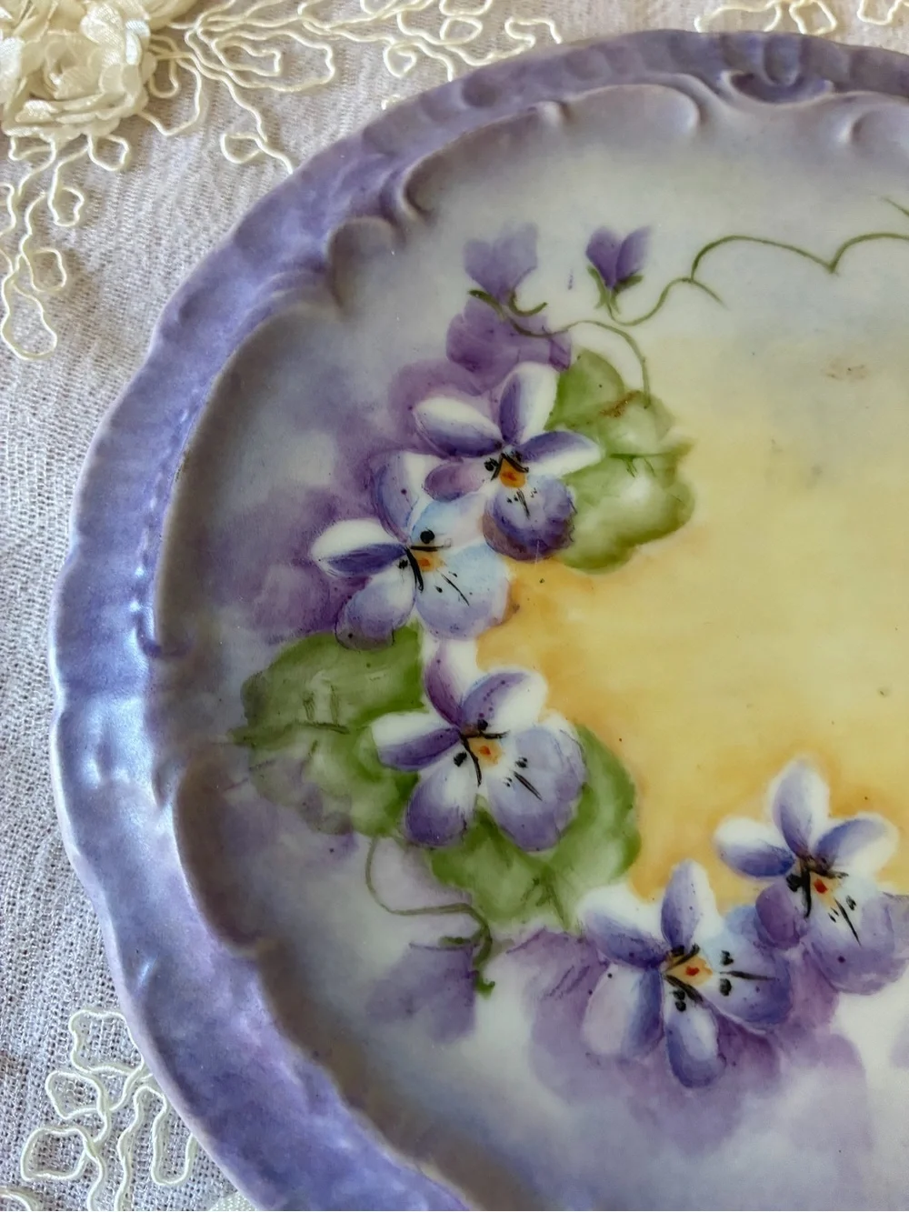 Hand-Painted Floral Decorative Plate in Lavender and Yellow